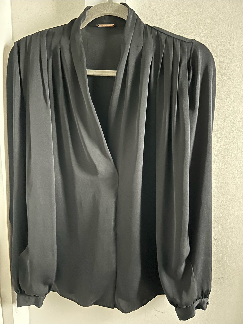 Silky Pleated Long Sleeve Blouse - Black